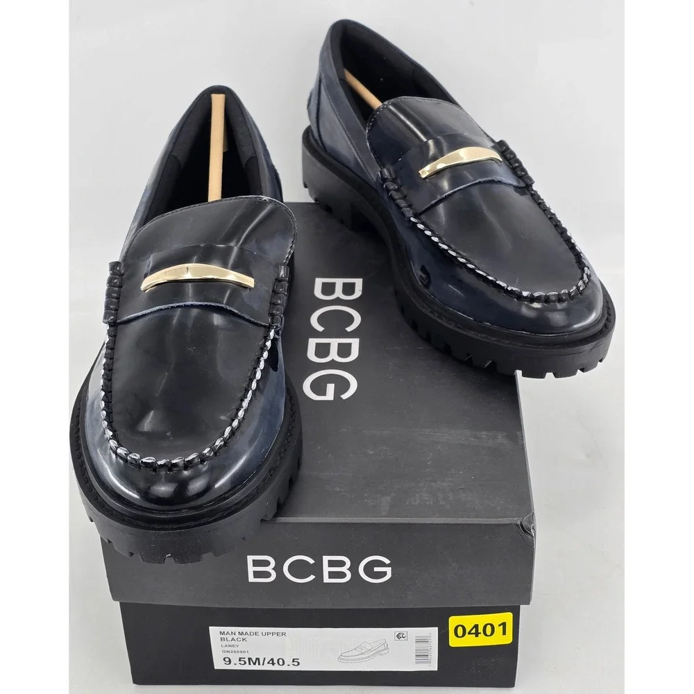 BCBG Laney Loafers Womens Size 9.5 Black Lug Sole Gold Hardware - New